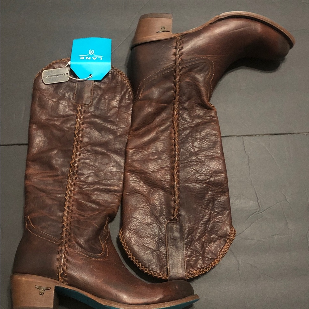Lane Plain Jane cognac western whipstitch cowgirl cowboy knee hi Boots‎ size 9.5